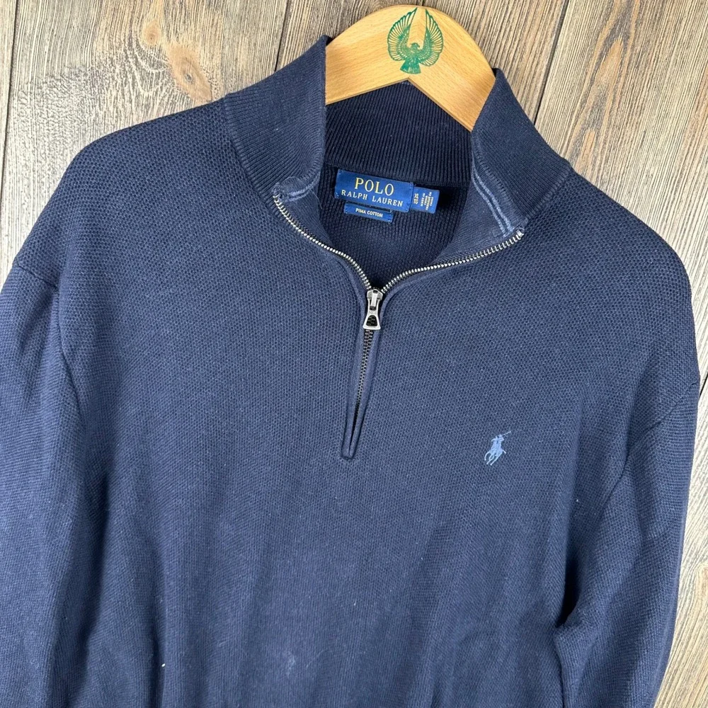 Polo Ralph Lauren Pima Cotton Quarter Zip Sweater Navy Blue Pullover Mens XL